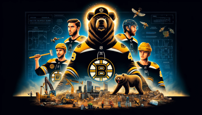DALL·E 2024-05-20 08.44.24 - Design a powerful image showing the potential rebuild of the Boston Bruins. Depict key players like David Pastrnak, Charlie McAvoy, and Pavel Zacha as